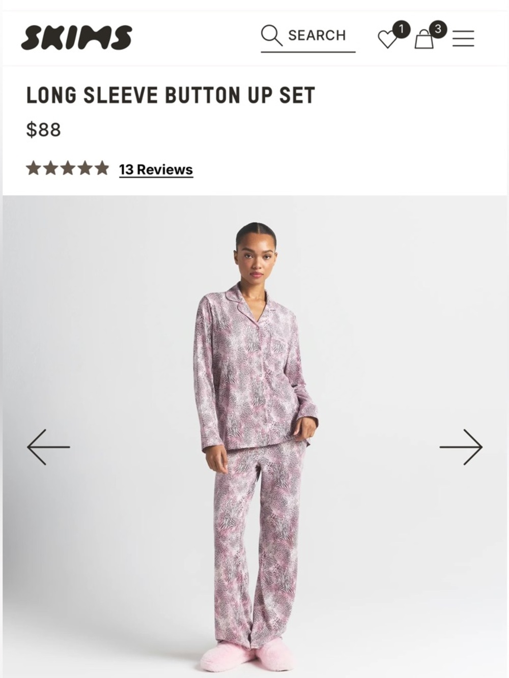 NWT SKIMS Pink Patterned Long Sleeve Button-Up Pajama Set